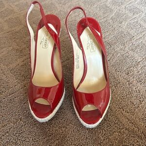 Oh Deer! Red bottom peep toe pumps raffia patent sandals shoes